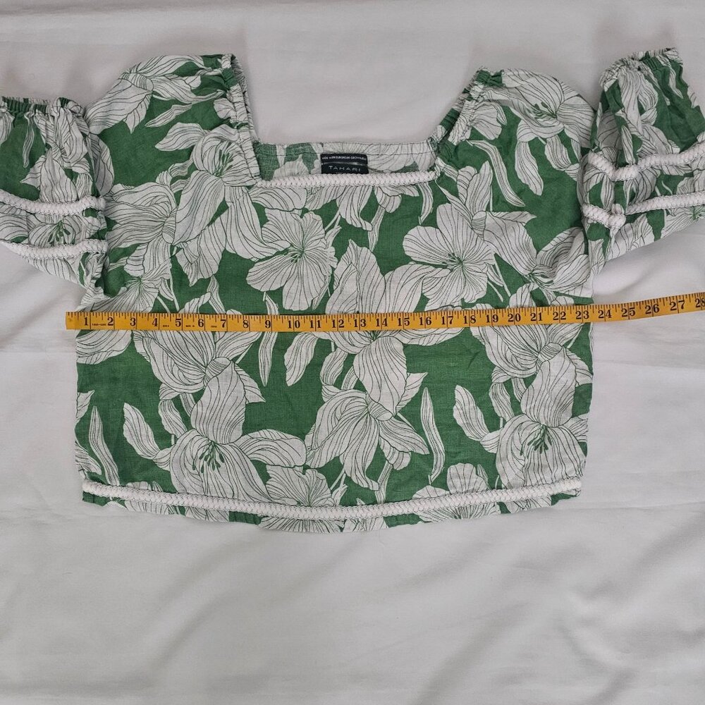 Tahari Women's Green White Floral Linen Square Neck 3/4 Sleeve Blouse Size XL - Picture 13 of 15